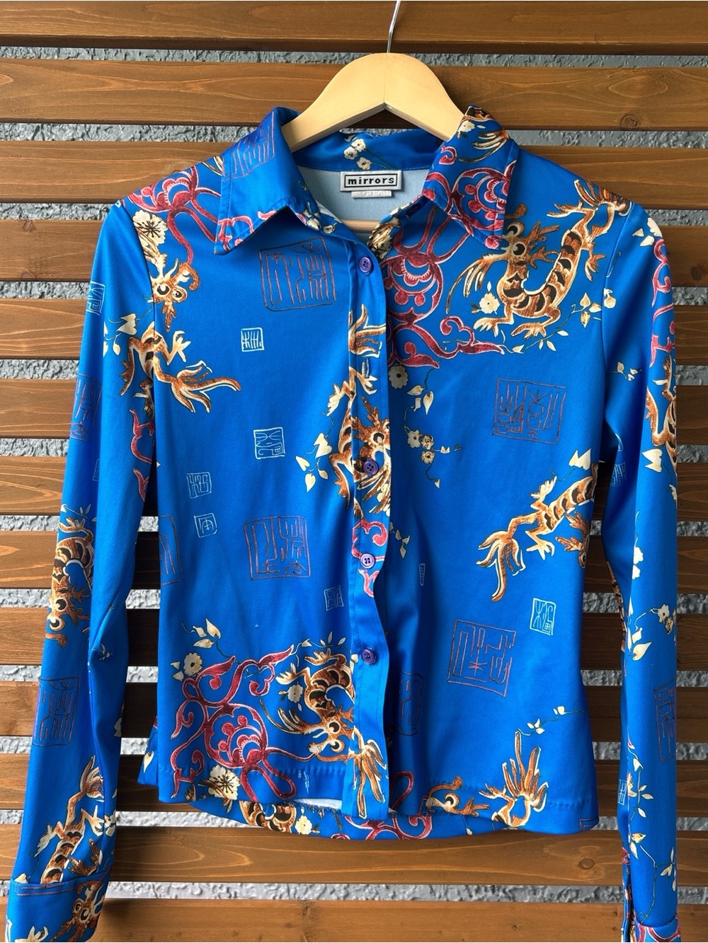 Mirrors Women's Royal Blue Button-Down Shirt with Dragon Print